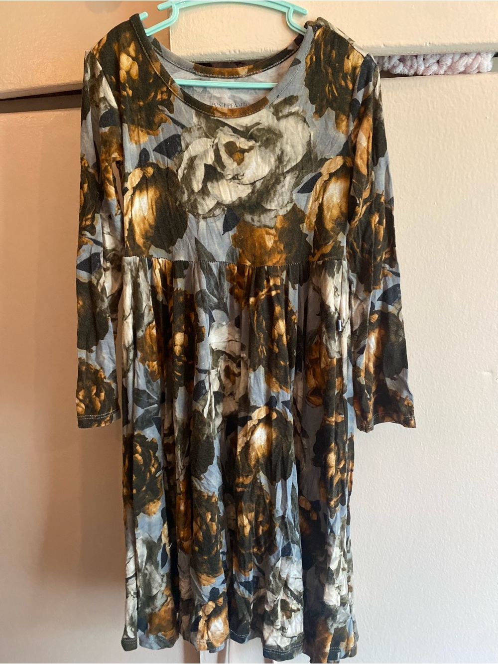 Posh Peanut Gray and Gold Floral Long-Sleeve Swing Dress